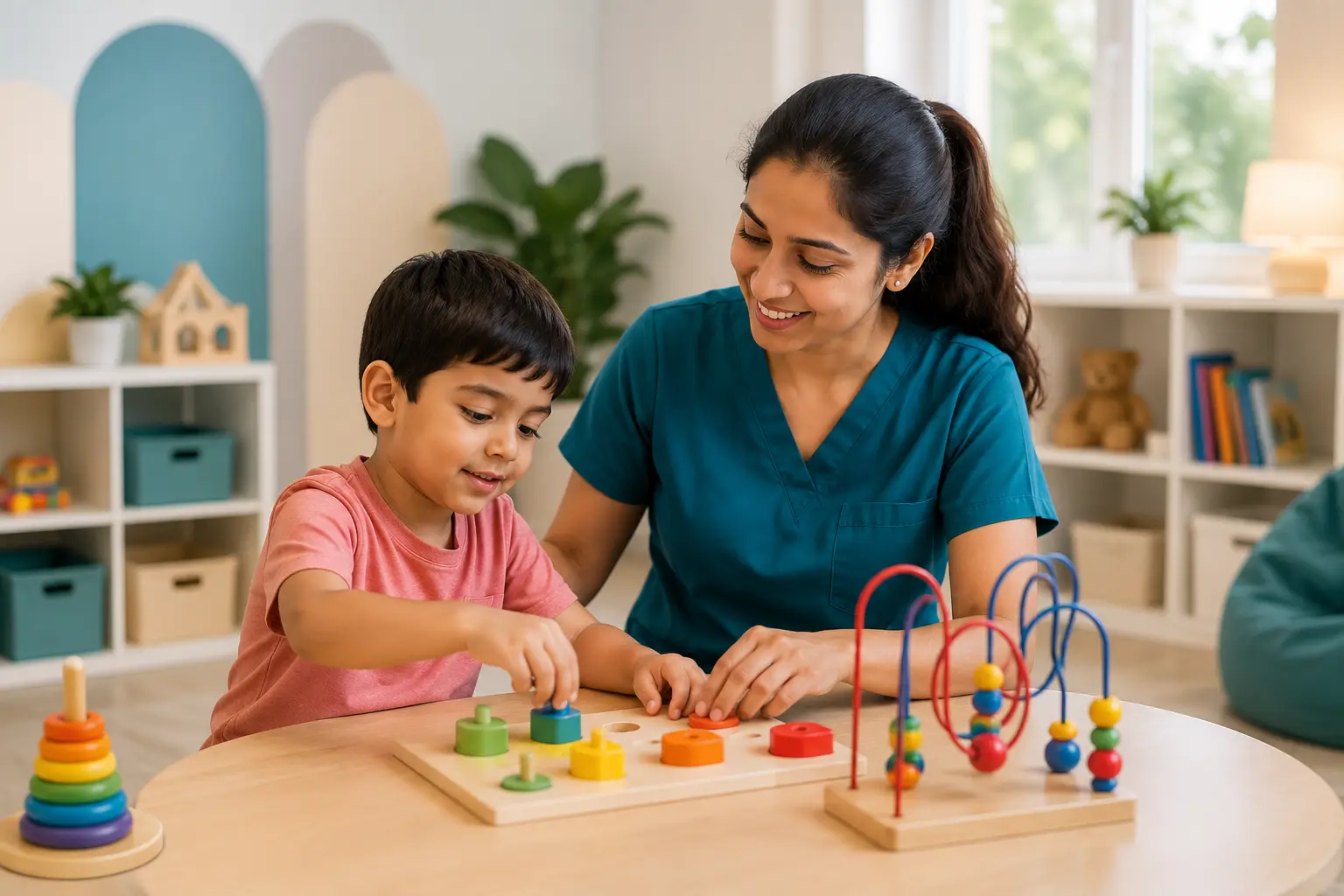 Autism therapy session at SENSES Speech Clinic Pragathi Nagar — therapist using play-based intervention with a child